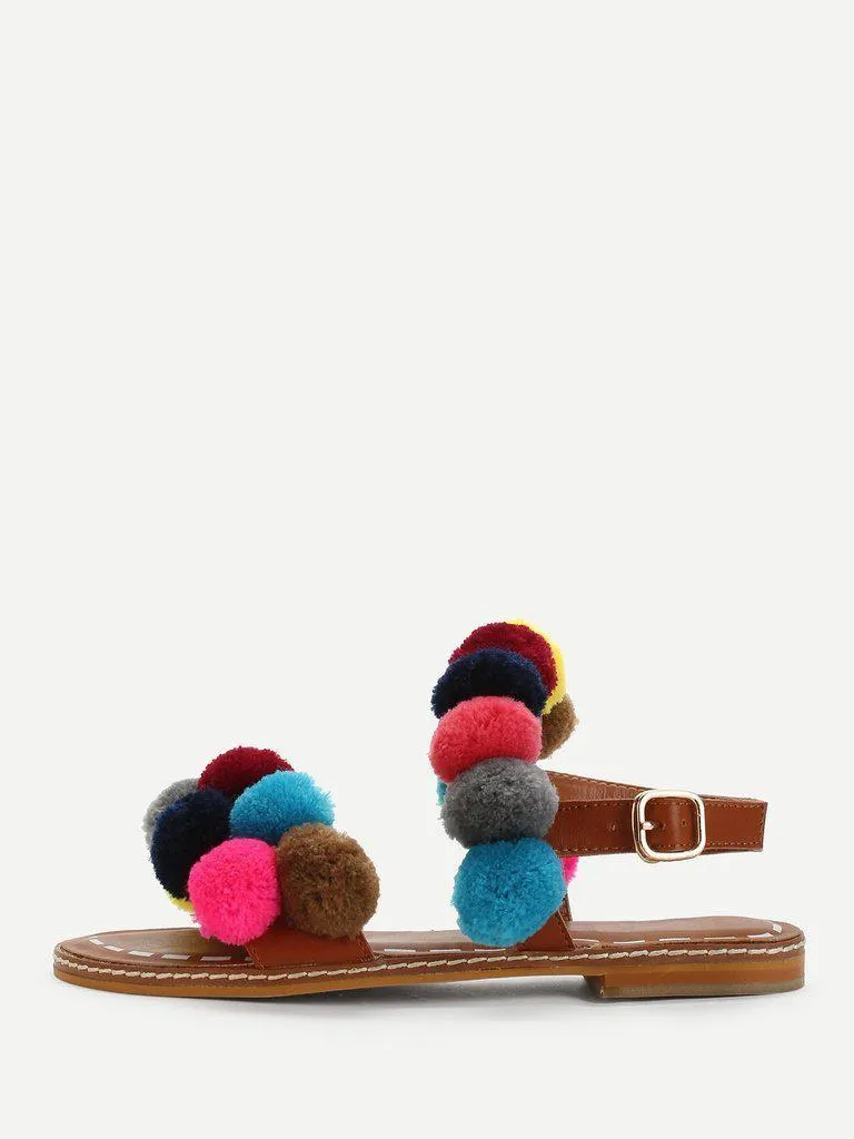 Ankle Strap Slide Sandals With Pom Pom