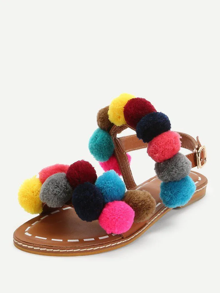 Ankle Strap Slide Sandals With Pom Pom