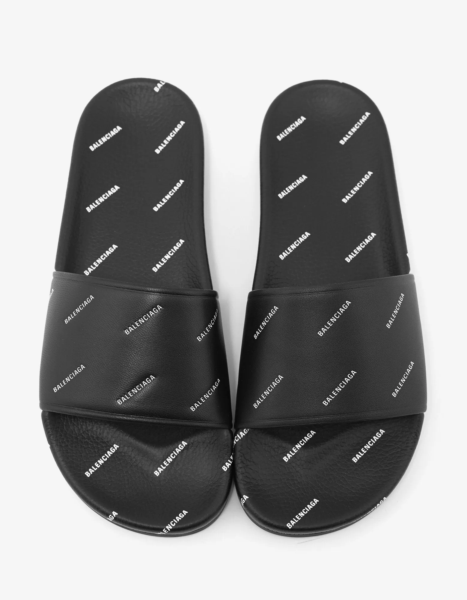 Black Leather All-Over Logo Slide Sandals