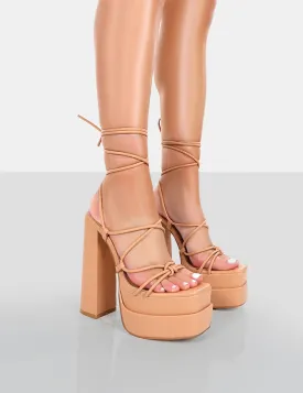 Glow Girl Nude PU Lace Up Platform High Heels