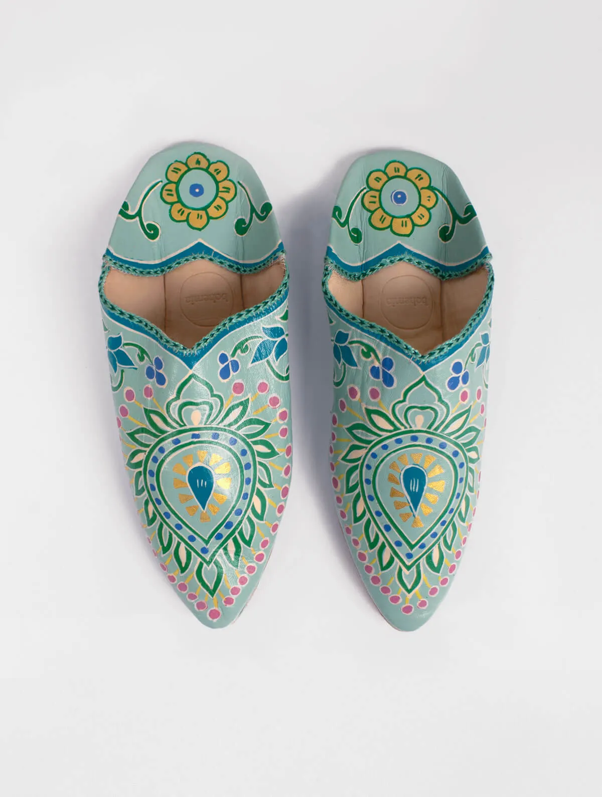 Hand Painted Leaf Babouche Slippers, Sage