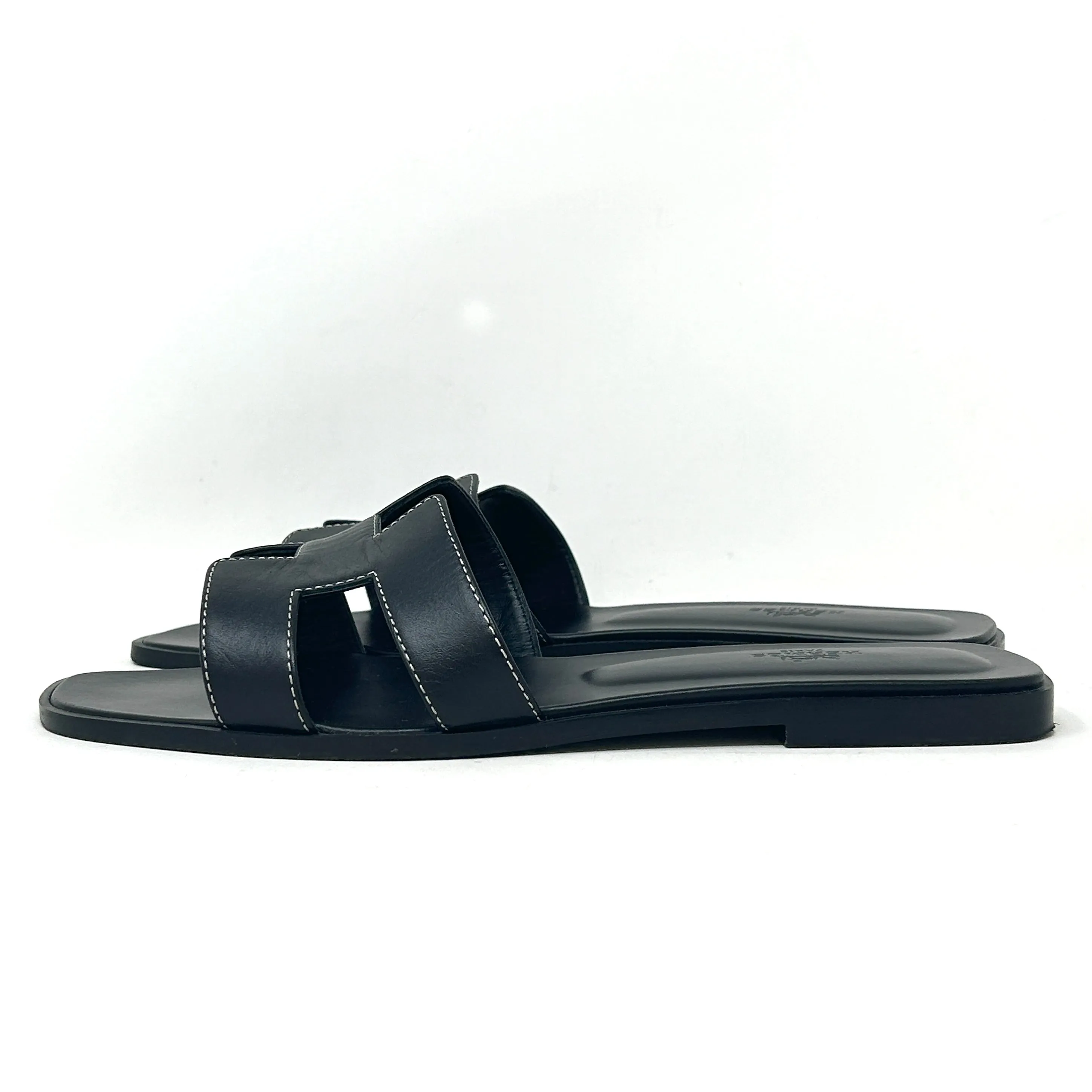 Hermes Oran Black Leather H Cut Out Flat Slide Sandals 42 UK 9