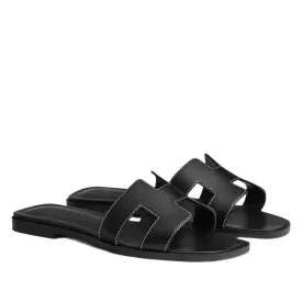 Hermes Oran Black Leather H Cut Out Flat Slide Sandals 42 UK 9