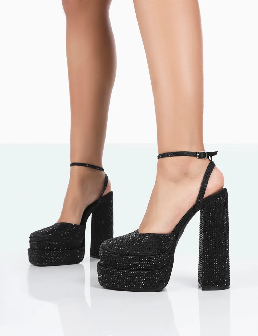 Moonchild Wide Fit Black Sparkly Diamanté Satin Closed Toe Statement Platform Block Heels