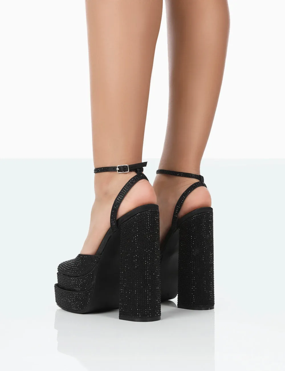 Moonchild Wide Fit Black Sparkly Diamanté Satin Closed Toe Statement Platform Block Heels