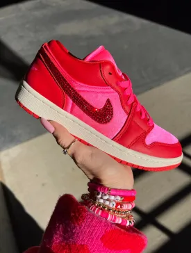 SIZE 8 Red Pink Satin Swarovski Women’s Air Jordan 1 Low Shoes