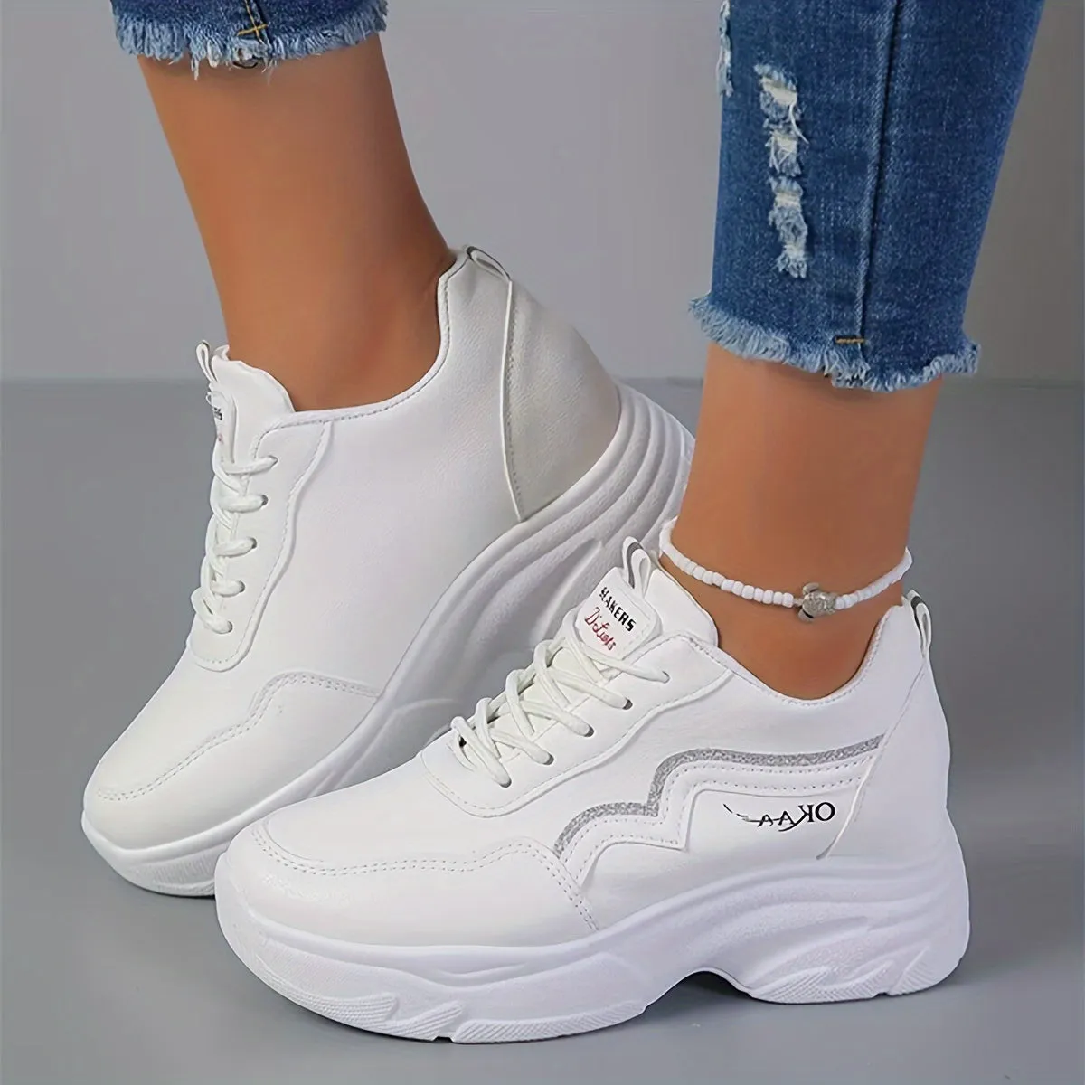 Stylish White Platform Sneakers Comfortable Casual Outdoor Shoes