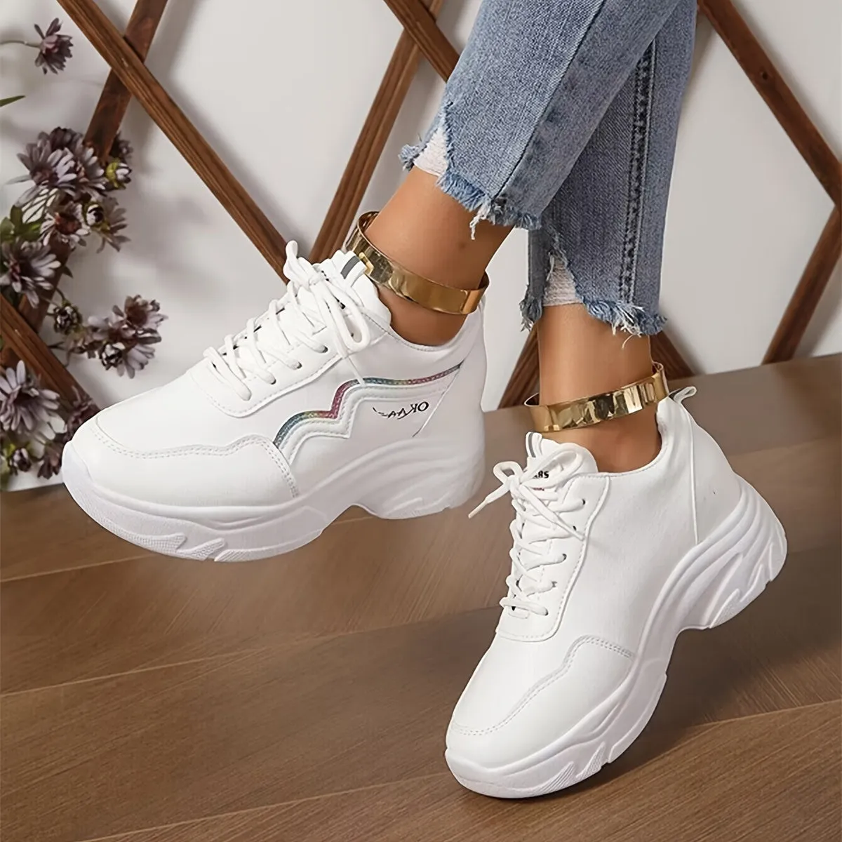 Stylish White Platform Sneakers Comfortable Casual Outdoor Shoes