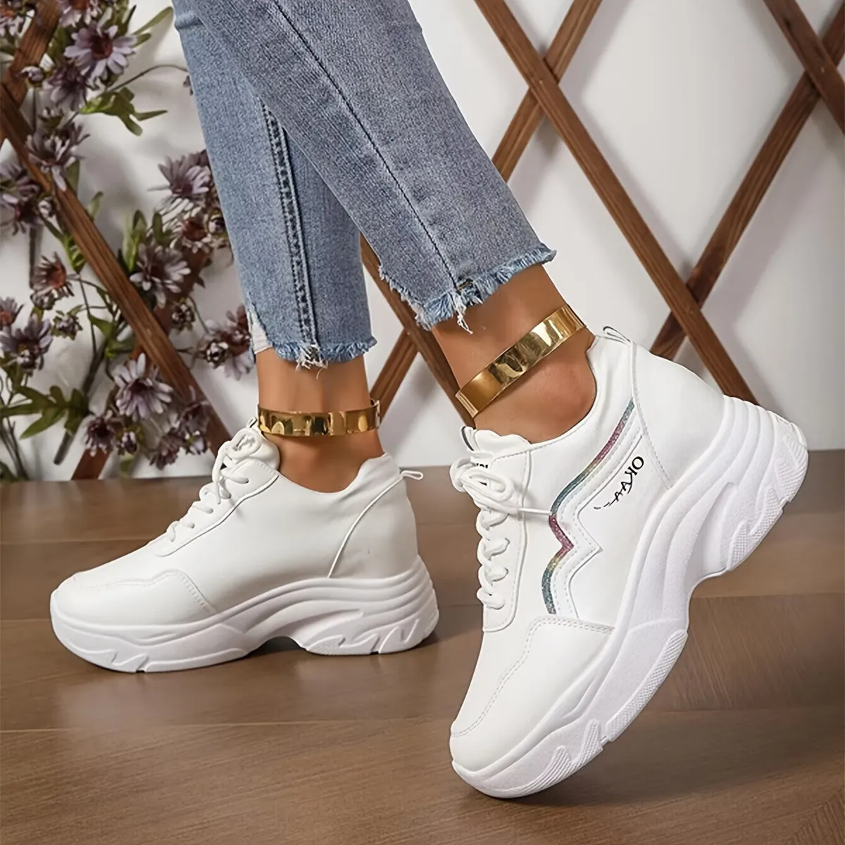 Stylish White Platform Sneakers Comfortable Casual Outdoor Shoes