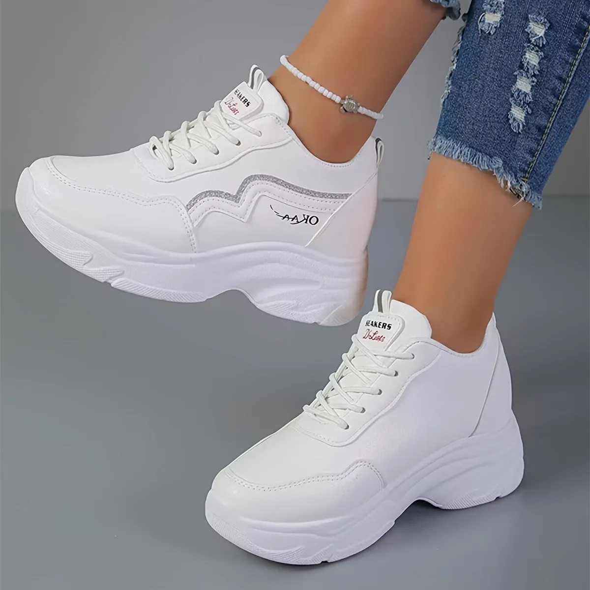 Stylish White Platform Sneakers Comfortable Casual Outdoor Shoes