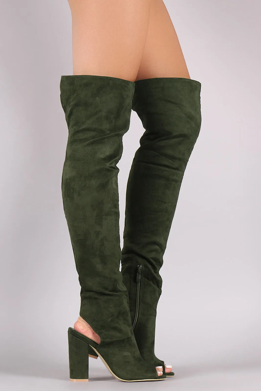 Suede Cutout Chunky Heeled Over-The-Knee Boots