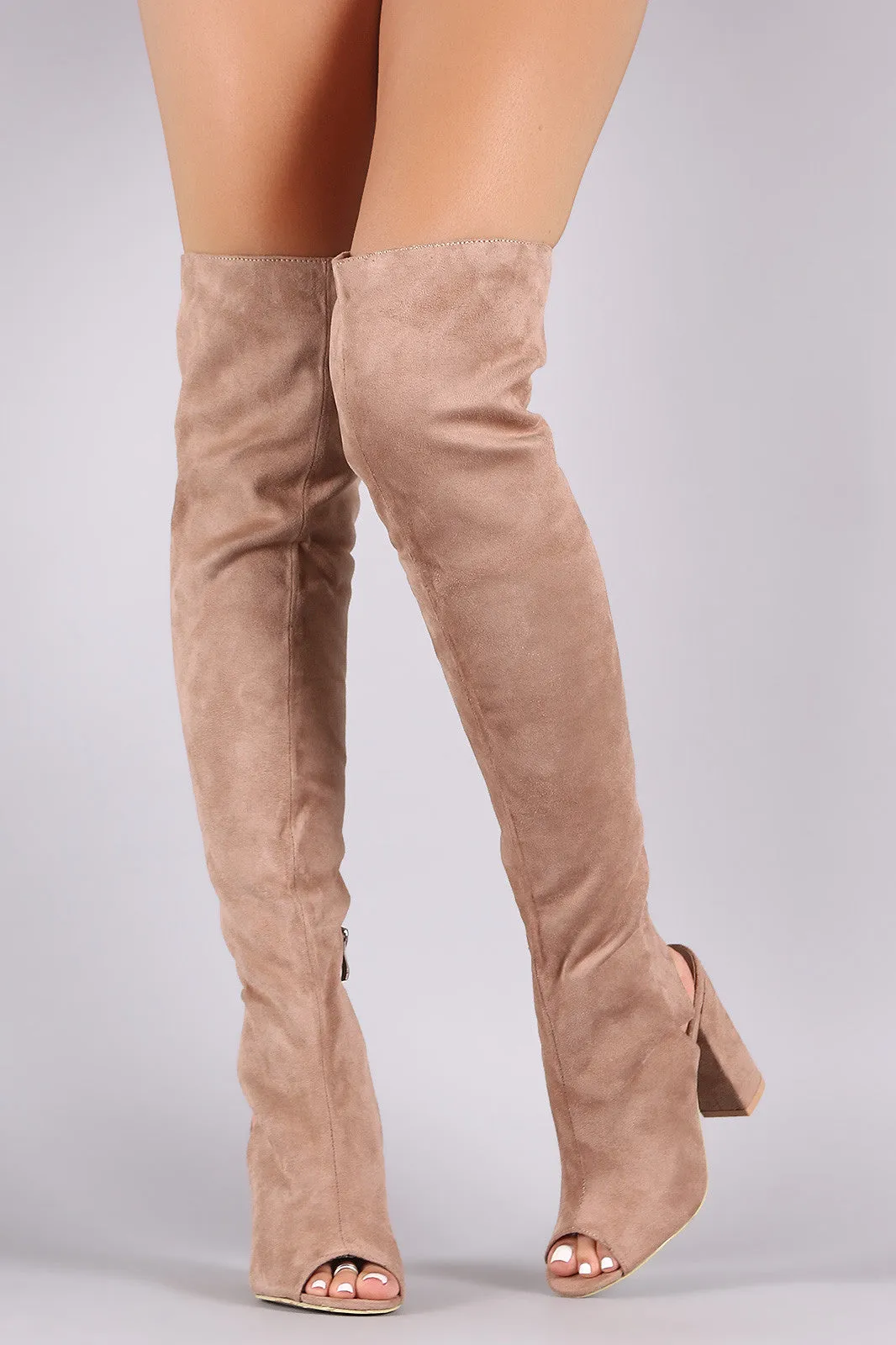 Suede Cutout Chunky Heeled Over-The-Knee Boots