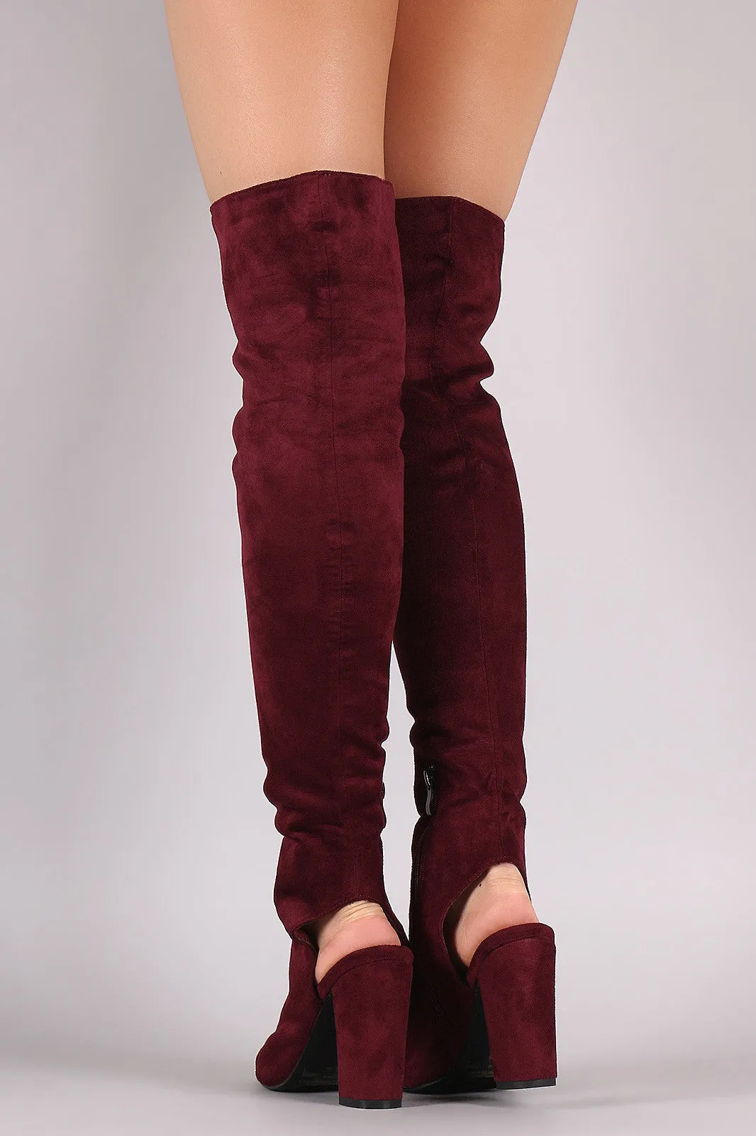 Suede Cutout Chunky Heeled Over-The-Knee Boots