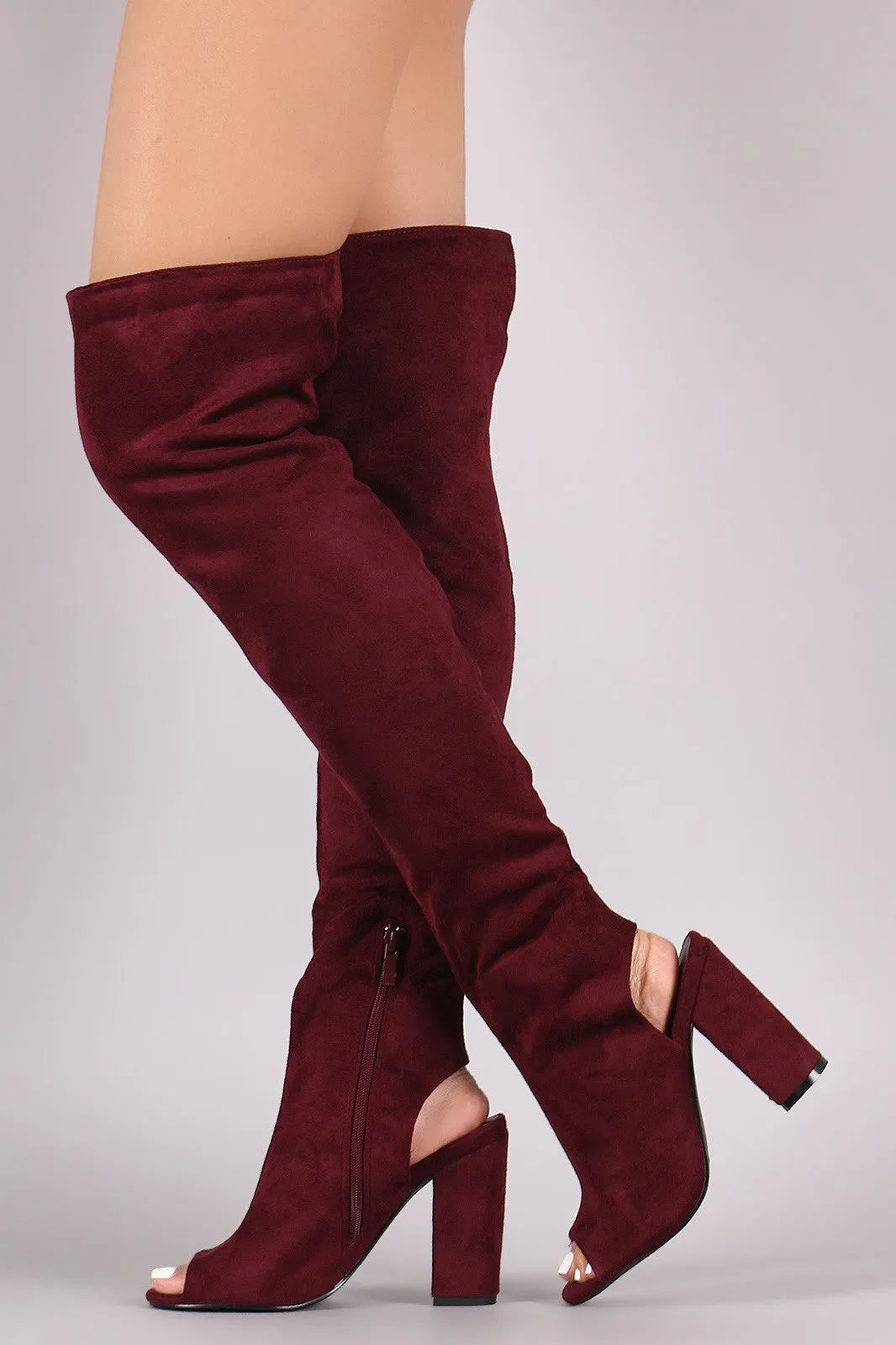 Suede Cutout Chunky Heeled Over-The-Knee Boots