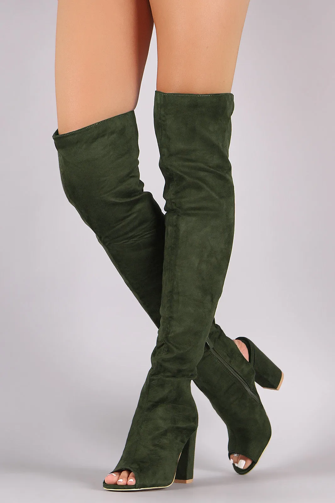 Suede Cutout Chunky Heeled Over-The-Knee Boots