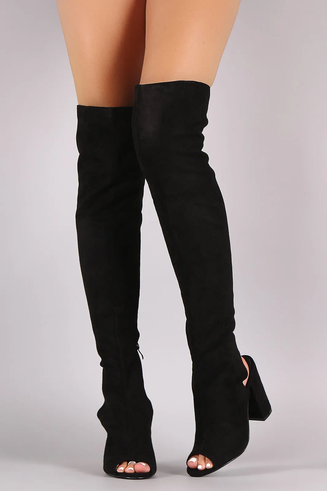 Suede Cutout Chunky Heeled Over-The-Knee Boots